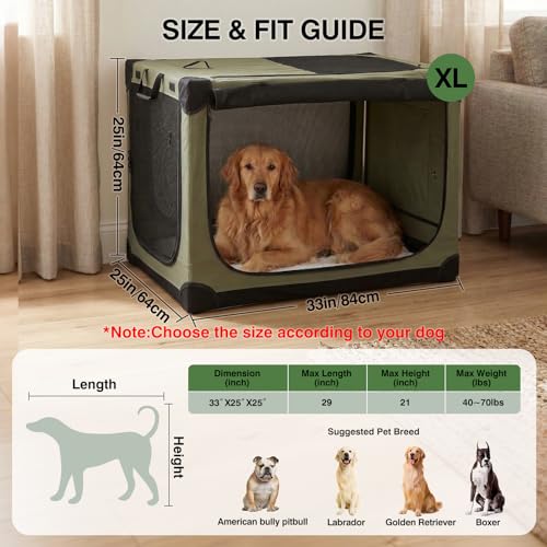 33 x 25 x 25 Inch Collapsible Soft Dog Crate for Dogs Up to 70 lbs (33.0"L x 25.0"W x 25.0"H / Green)