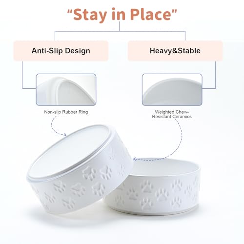 Ceramic Dog Bowls 2 Pack (8.3 in - 7.6 cups / Paw White - Only Bowls*2)