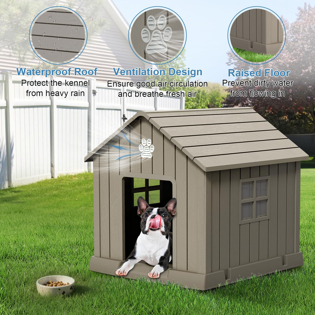 Dog House Indoor Outdoor for Small to Large Sized Dogs 38'' Resin Outdoor Dog House with Ventilation Waterproof Puppy Shelter with Elevated Floor (Grey / 37.8'' * 40.87'' * 38.82'')
