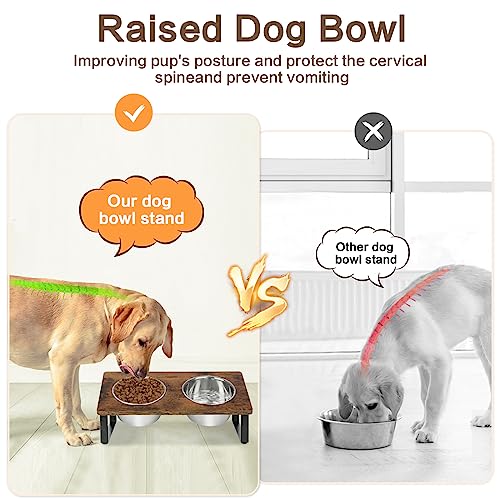 Elevated Dog Bowls for Small Medium Wood Dogs Raised Bowl Stand with 2 Stainless Steel Deep Dog Food and Water Bowls (Walnut-Small&Medium)