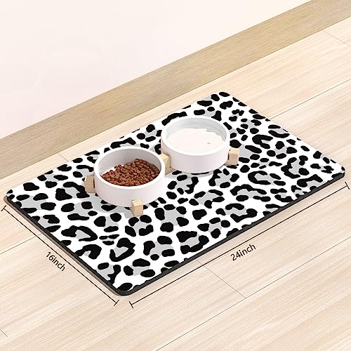 Dog Food Mat 16" x 24" Leopard Absorbent Dog Cat Bowl Mat for Food and Water (White Leopard / 16"L x 24"W)