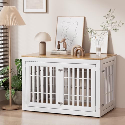 48" Heavy Duty Dog Crate Furniture for Large Dogs (47.2"L x 30.3"W x 31.9"H / White+Wood)