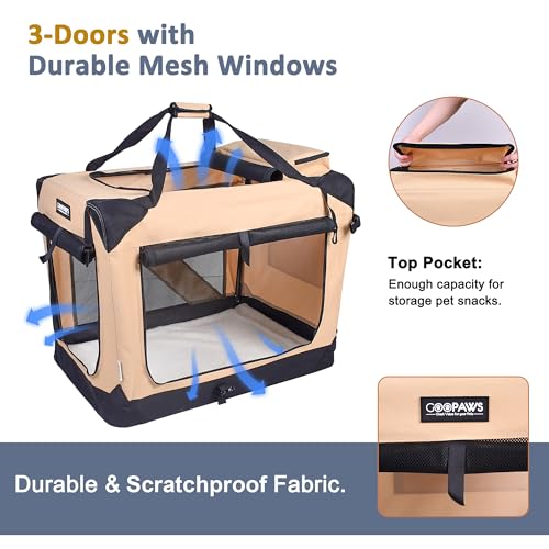 3 Door Portable Collapsible Soft Dog Crate Carrier with Bed (3-Beige)