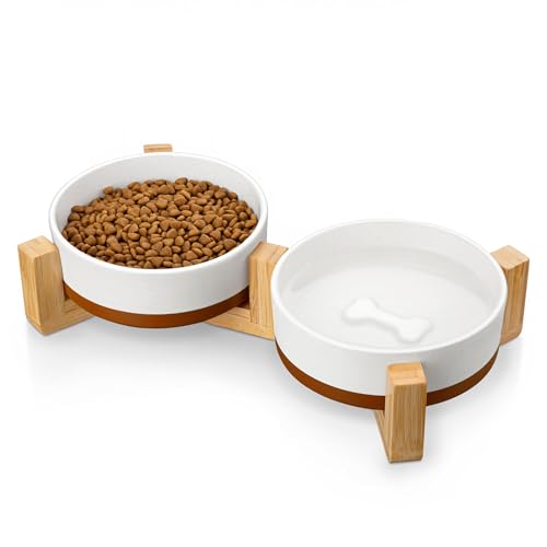Ceramic Dog Bowls Small Size Dog with Wood Stand (S-1.5 Cups / Vanilla White（2 PCS with Stand）)