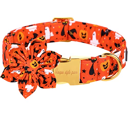 Halloween Dog Collar with Flower Tie Cotton Adjustable Puppy Collar for Small Medium Large Dogs (Large / B-AHalloween)