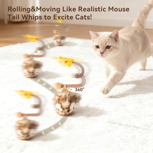 Interactive MigiMouse Cat Toy 360° Rolling & Spin with Mesh Plastic Tail for Indoor Cats Smart Motion Sensor