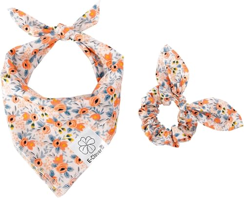 Floral Dog Bandanas Girl Matching Dog Bandana and Scrunchie Small (01-orange floral / Small-set of 1)