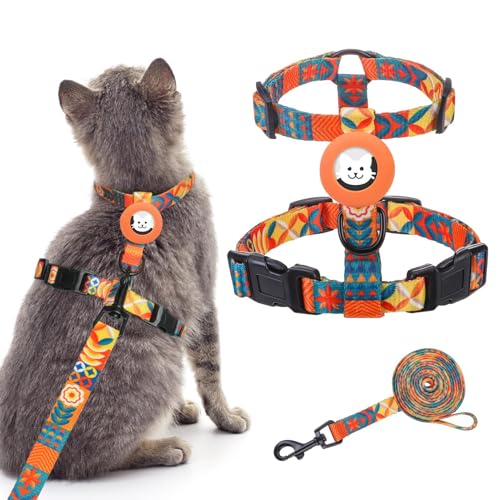 Cat Harness with Airtag Holder (Orange Print (Both Buckles on Chest))
