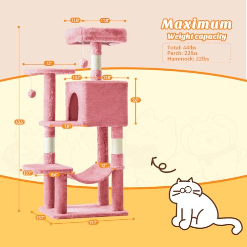 Small 44 Inch Cat Tree Tower with Natural Sisal Scratching Posts (Pink / 43.6"×13.7"×17.7")
