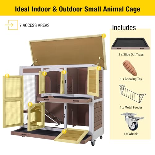 Rabbit Hutch Indoor Bunny Cage with Wheels Outdoor Rabbit Cage Two Story Guinea Pig Cage with No Leak Tray 47 inch