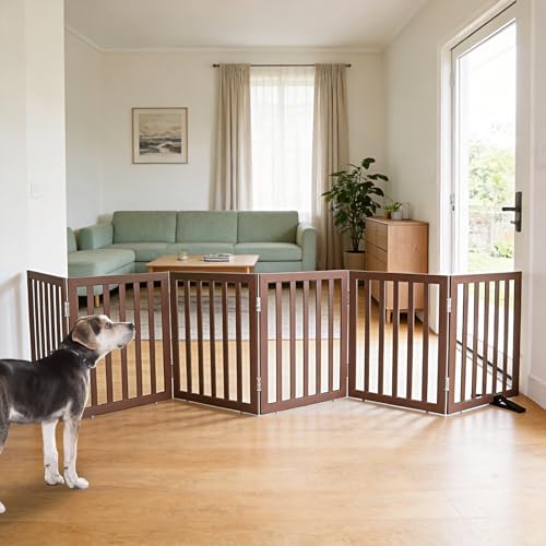 Freestanding Indoor Dog Gate for House Foldable Wood Puppy Gate for Doorways Pet Gate for Stairs Extra Wide Pet Fence (Brown / 【6 Panels】120''w x 24''h)