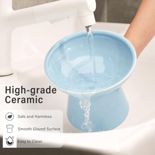 2 Pack Extra Wide Elevated Ceramic 6.2" Shallow Cat Food Bowls (Baby Blue-2 Food Bowl)