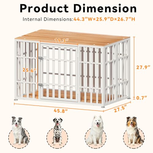 46 Inch Heavy Duty Dog Crate Furniture for Large Dogs (45.8"L x 27.5"W x 28.7"H / White+Wood)