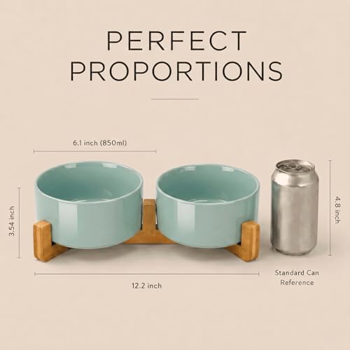 Ceramic Dog and Cat Bowl Set with Wooden Stand (3.6 cups / Morandi Green × 2)