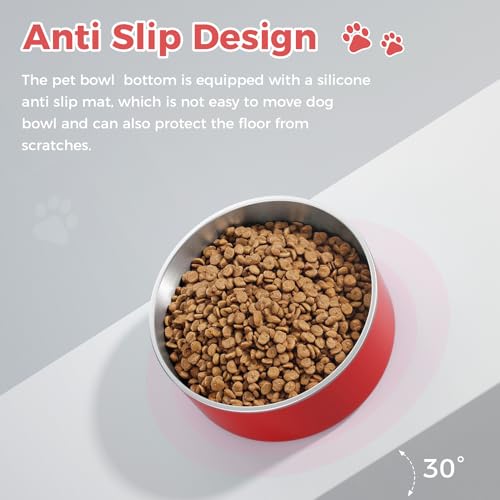 Dog Bowl Stainless Steel Dog Food and Water Bowl with Non Slip Quiet Bottom (64 oz / Red)