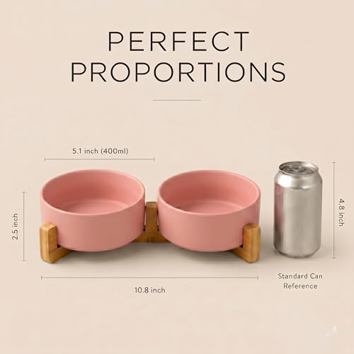 Ceramic Dog and Cat Bowl with Wood Stand Non (1.7 cups / Pink × 2)