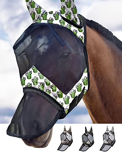 LumiVista Horse Fly Mask Long Nose with Ears UV Protection for Horse Green Cactus M Cob (Green Cactus / Cob (Medium))