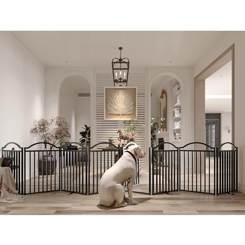 Metal No Assembly Freestanding Dog Gate with Door Walk Through (Black / 8 panels 196"W*32"H HFG)