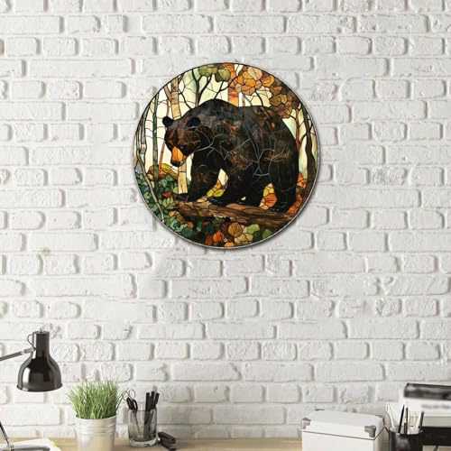 Metal Sign Tin Sign Circular Stained Glass American Black Bear Gardening Poster for Bar 8×8 Inches (8×8 Inches / American Black Bear-2)