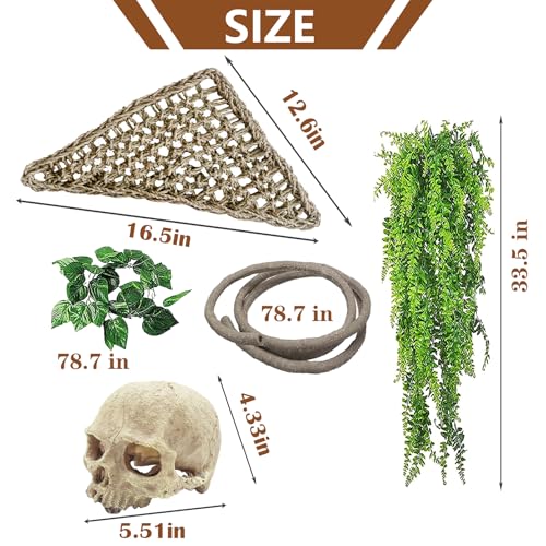 Reptile Habitat Skull Decoration Bearded Dragon Tank Accessories Resin Human Skulls Hide Cave Hanging Vines Plant for Lizards Tortoise Snake Chameleon Spider Reptiles Amphibians