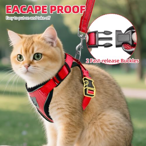 Cat Harness and Leash Set Escape Proof Reflective Cat Walking Harness Adjustable Soft Breathable Mesh Vest for Small Pets (S (NECK 9.5"-11", CHEST 13"-16") / Red)