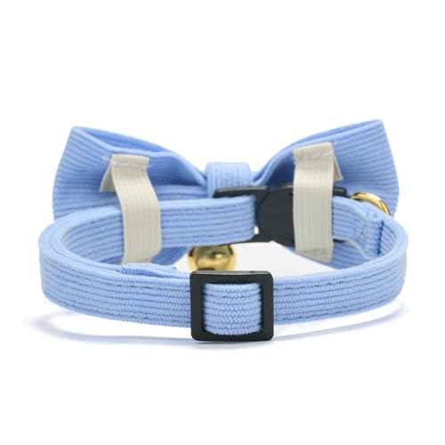 2 Pack Soft Corduroy Cat Collars with Bow Tie & Bell Adjustable Breakaway Kitten Bowtie Collar for Girl Boy Cats (S:Neck 7.0" - 11.0" / Corduroy-Blue Pink)