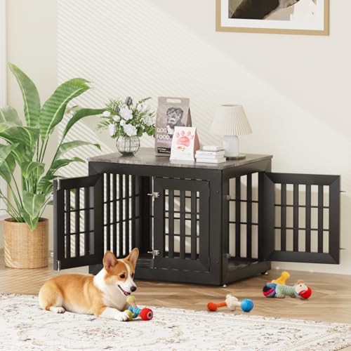 32" Heavy Duty Dog Crate Furniture for Small (32.7"L x 24.4"W x 25.8"H / Black+Grey)