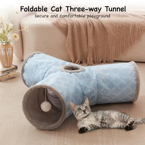 Cat Tunnel, 3-Way Collapsible Toy for Indoor Cats, Geometry Blue (Geometry Blue / Small)