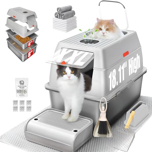 XXL Stainless Steel Sifting Litter Box with Lid (8" Gray with 6" Sifter XXL)