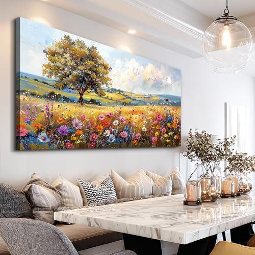 Large Wall Art For Bedroom Canvas Wall Decor For Living Room Office Decorations Flower Scenery Watercolour Wall Paintings Field Pictures Artwork Aesthetic Room Home Decor Hang Easy (48"L x 24"W / Field Landscape)