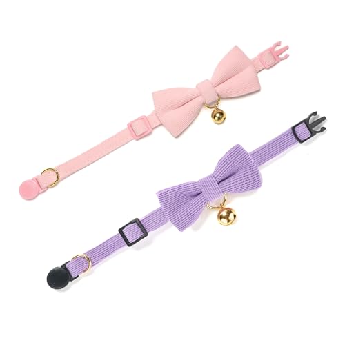 2 Pack Soft Corduroy Cat Collars with Bow Tie & Bell Adjustable Breakaway Kitten Bowtie Collar for Girl Cats (S:Neck 7.0" - 11.0" / Corduroy-Pink Purple)