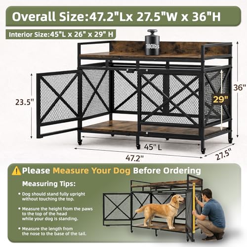 48" Dog Crate Furniture with Wheels (Cinnamon / 47.2"L x 27.5"W x 36.0"H)