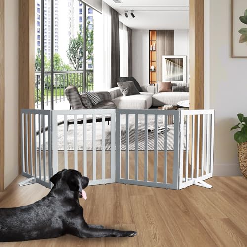 Freestanding Indoor Dog Gate for House Foldable Wood Puppy Gate for Doorways Pet Gate for Stairs Extra Wide Pet Fence (Gray / 【4 Panels】80''w x 24''h)