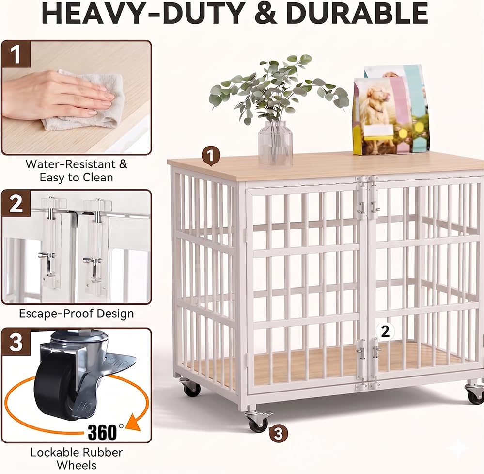 42" Heavy Duty Dog Crate Furniture for Large and Medium Dogs (White + Natural)
