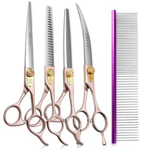 7'' Professional Dog Grooming Scissors Set Rose Gold 440C Stainless Steel Straight Thinning Curved Chunker Shears 4pcs Set for Pet Grooming Services Dogs and Cats (Combo / 7")