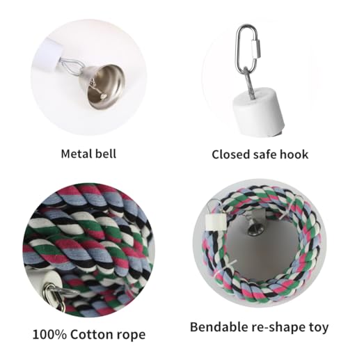 65 inch Length Colorful Cotton Bendable Rope Perch Swing Bird Chew Toys Amazon Parrots Cage Toys with Bell Swing Climbing Standing Bungee Bird Toys for Large to Regular Birds (65'x1pc)