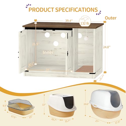 Cat Litter Box Enclosure (39.4"L x 21.7"W x 24.8"H / Rustic Brown and White)