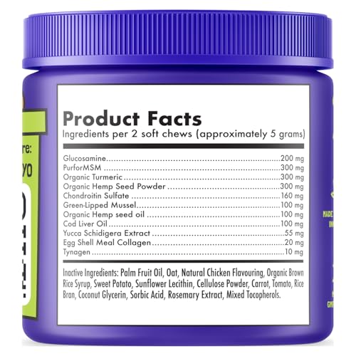 Hemp Hip & Joint Supplement for Dogs Soft Chews Made in USA Functional Glucosamine for Dogs Chondroitin MSM Turmeric Hemp Seed Oil Natural Pain Relief Mobility Advanced Joint 120 Treats (Hip&Joint / 120)