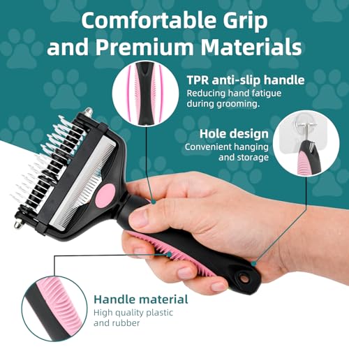 3-IN-1 Pet Grooming Tool - Undercoat Rake, Dematting Comb & Deshedding Brush for Cats, Dogs, Horses - Removes Mats, Tangles & Loose Fur, Reduces Shedding & Prevents Hair Mess (Pink) (Pink)
