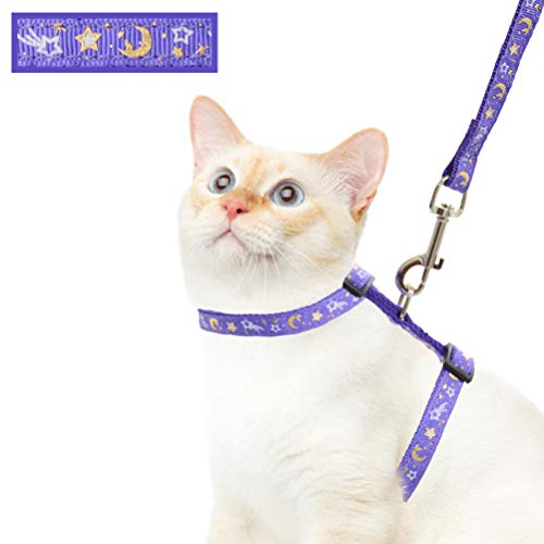 Cat Harness and Leash Set for Outdoor Walking Escape Proof Adjustable Soft Safety Strap with Golden Star and Moon Design Glow in The Dark Purple XL (Purple / XL)