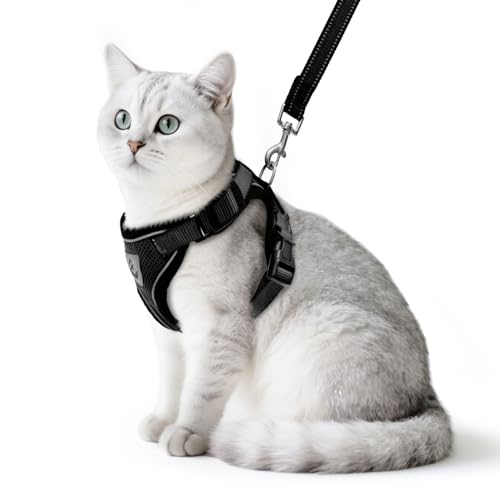 Cat Harness and Leash Set Escape Proof Reflective Cat Walking Harness Adjustable Soft Breathable Mesh Vest for Small Pets (L (NECK 14"-18", CHEST 18"-26.5") / Black)