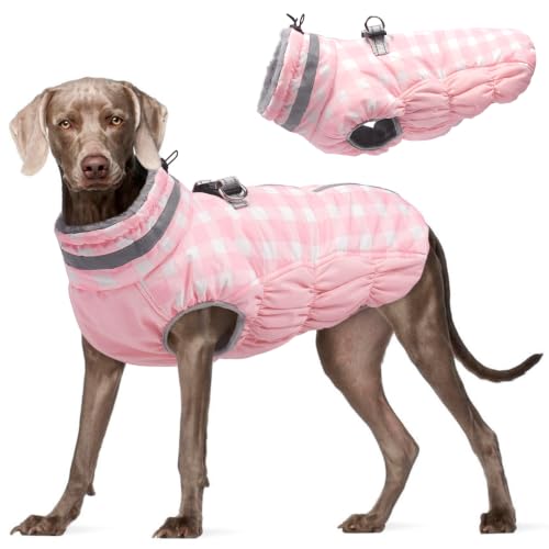 Dog Winter Coat Fleece Warm Large Dog Coat with Harness Built in (Pink Plaid / XXL(chest:35in))