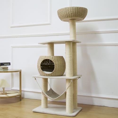 Wood Cat Tree for Indoor Cats (22.8"L x 15.7"W x 52.4"H)