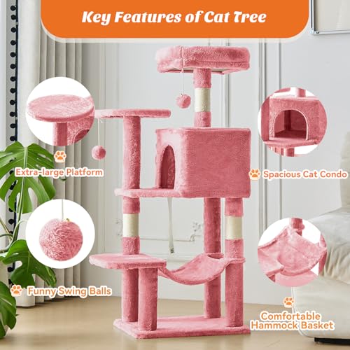 Small 44 Inch Cat Tree Tower with Natural Sisal Scratching Posts (Pink / 43.6"×13.7"×17.7")