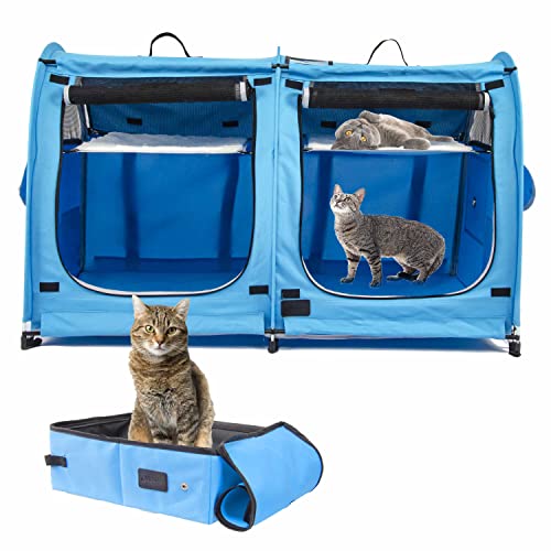Mispace Portable 2 Pet Carriers for Cats Collapsible Cat Condo for Car Travel Pet Kennel Show Cages with Portable Carry Bag Hammocks Mats and Litter Box (Blue)