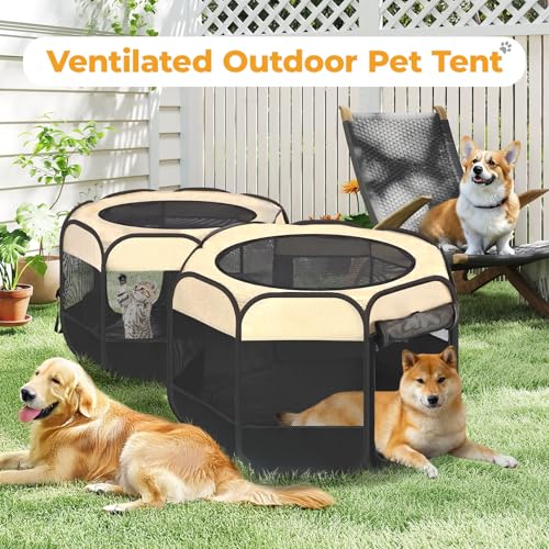 2-in-1 Pop Up Dog Playpen Cat Pet Puppy Playpen, Non-Detachable (Beige / 71"L x 34"W x 24.1"H)