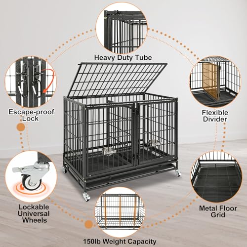 42 inch Heavy Duty Double Dog Cage with Divider (43.0"L x 28.0"W x 35.0"H)