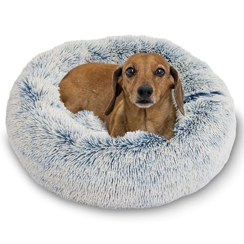 The Original Calming Donut Dog Bed for Small Dogs up to 25 lbs (Denim Shag / Small)