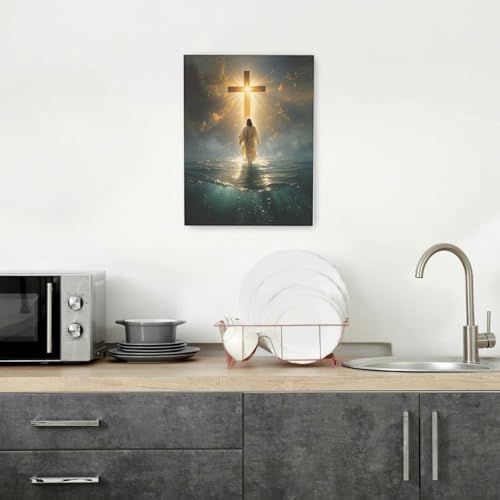Jesus Wall Art Christian Jesus Walking on Water Pictures Wall Decor Christ Cross Pictures Canvas Religious Painting Print Framed Artwork Decorations Gifts for Living Room Bedroom Prayer Room Church 12"x16" (Jesus Cross / 16"L x 12"W)