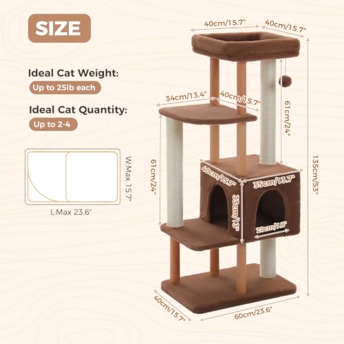 53" Modern Cat Tree Large Cats (Wooden Brown / 53")